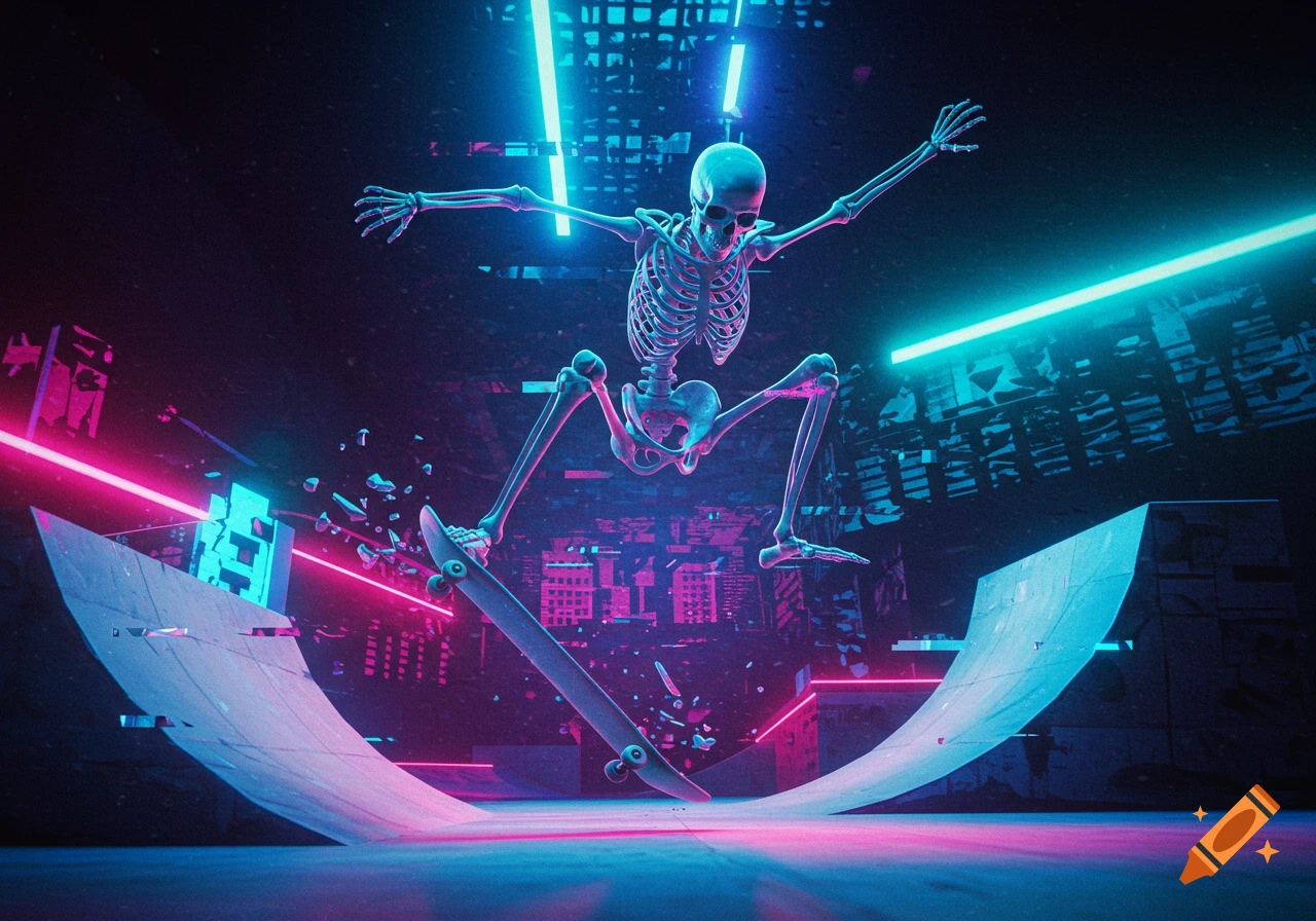 A skeleton on a skateboard performs a kickflip in a neon-lit, glitch art style skate park.