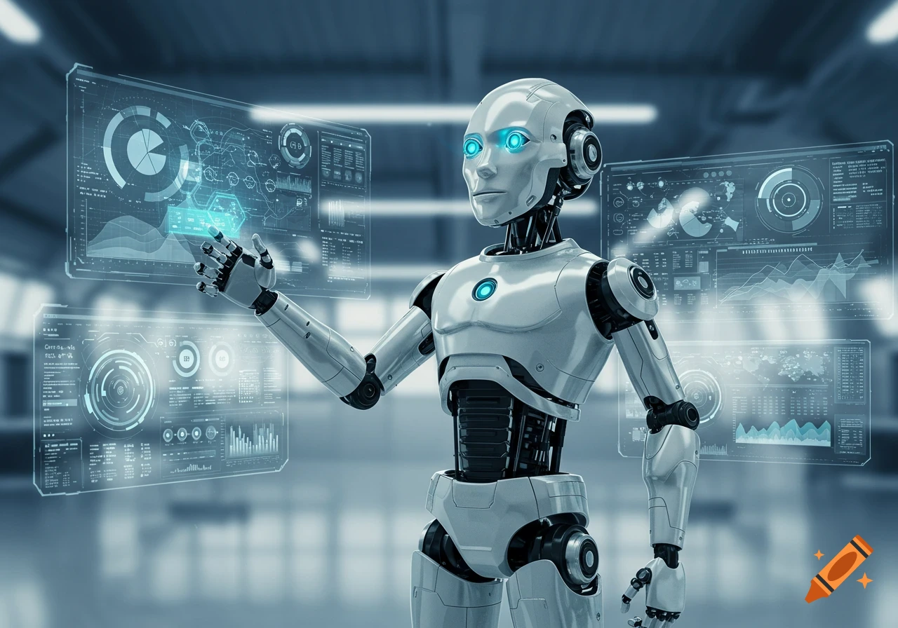 A silver robot with glowing blue eyes interacts with holographic digital dashboards displaying data in a modern tech environment.