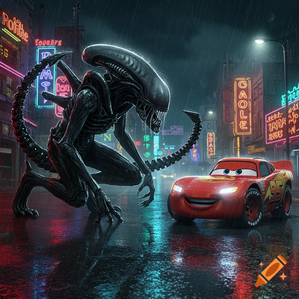 A dark, rainy city street at night, with a menacing Xenomorph crouching opposite a surprised Lightning McQueen, bathed in colorful neon light reflections.