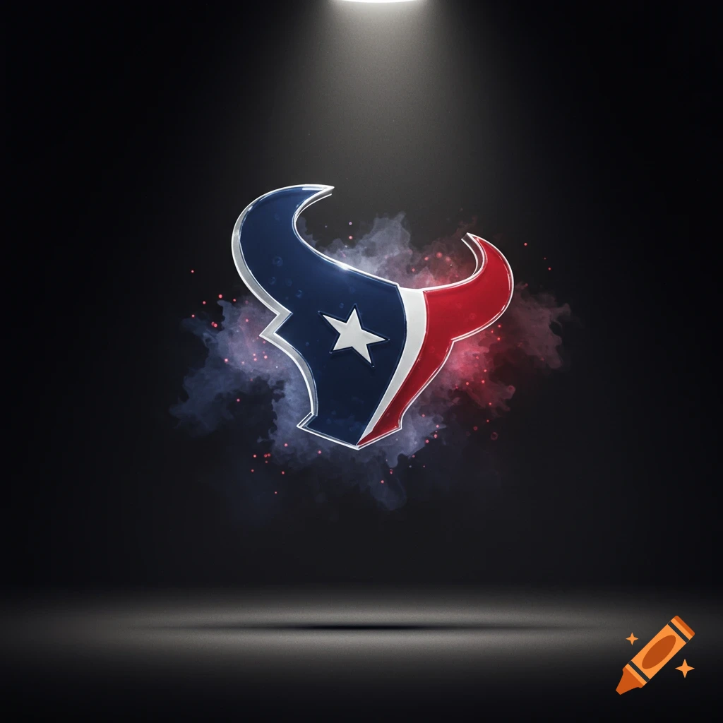 Glossy, reflective Houston Texans bull logo in glass with blue and red sections, a white star, surrounded by swirling mist, illuminated by a spotlight on a dark background.