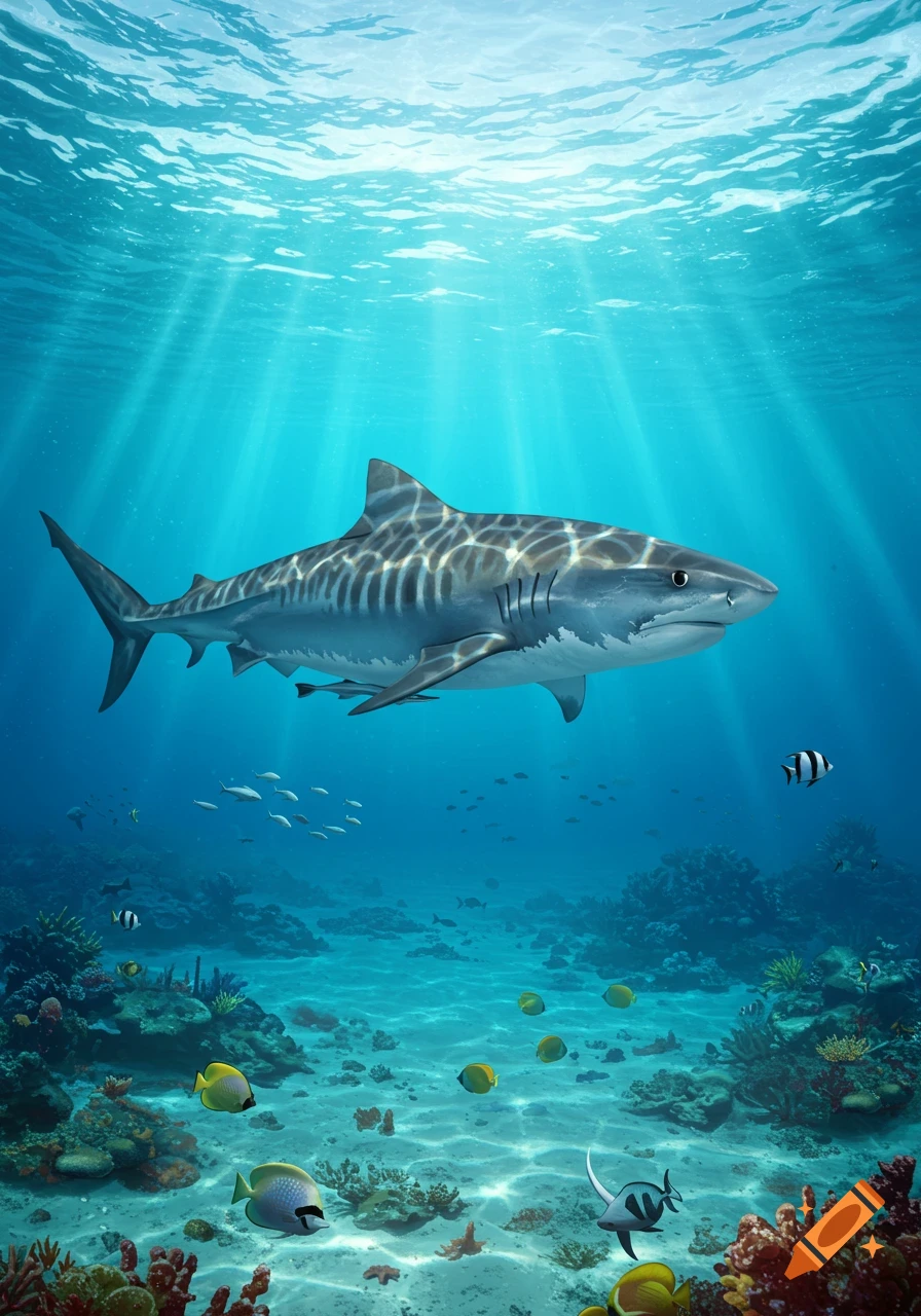 A photorealistic tiger shark swims in a vibrant coral reef with sun rays shining through the clear blue water.