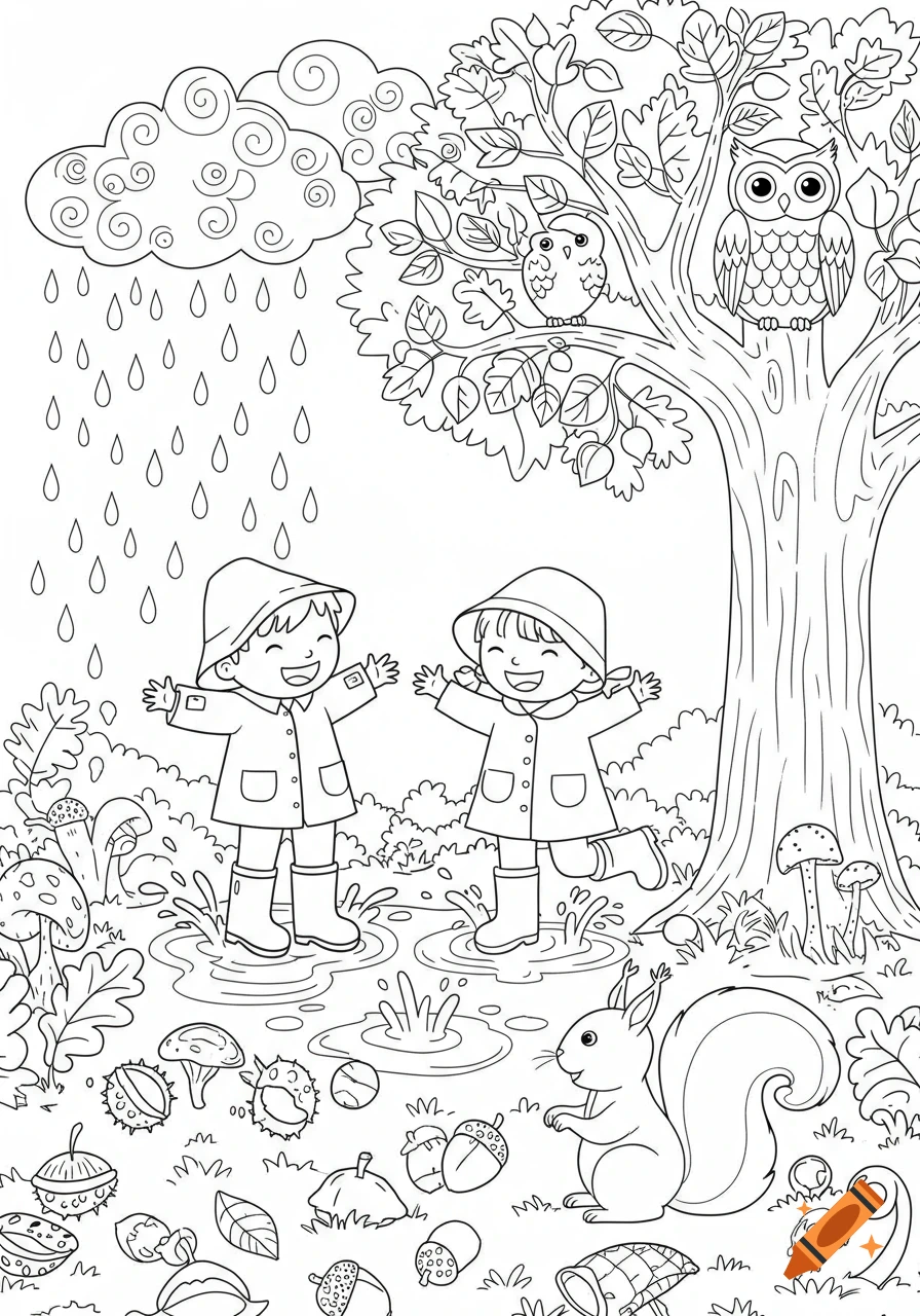 A black-and-white children's coloring page of two kids jumping in puddles, with an owl in a tree and a squirrel.