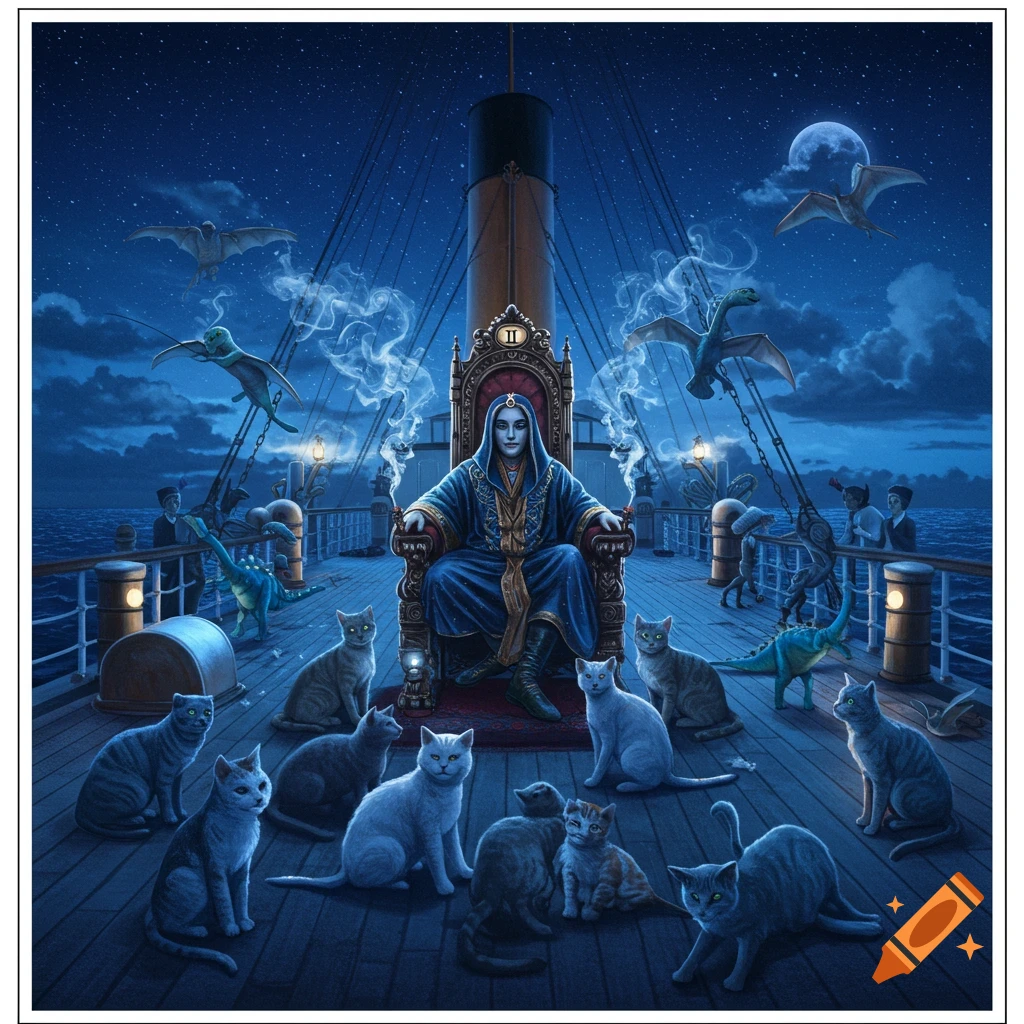 A person in blue robes sits on a throne surrounded by cats and dinosaurs on a ship's deck at night, with smoke emanating from their hands.