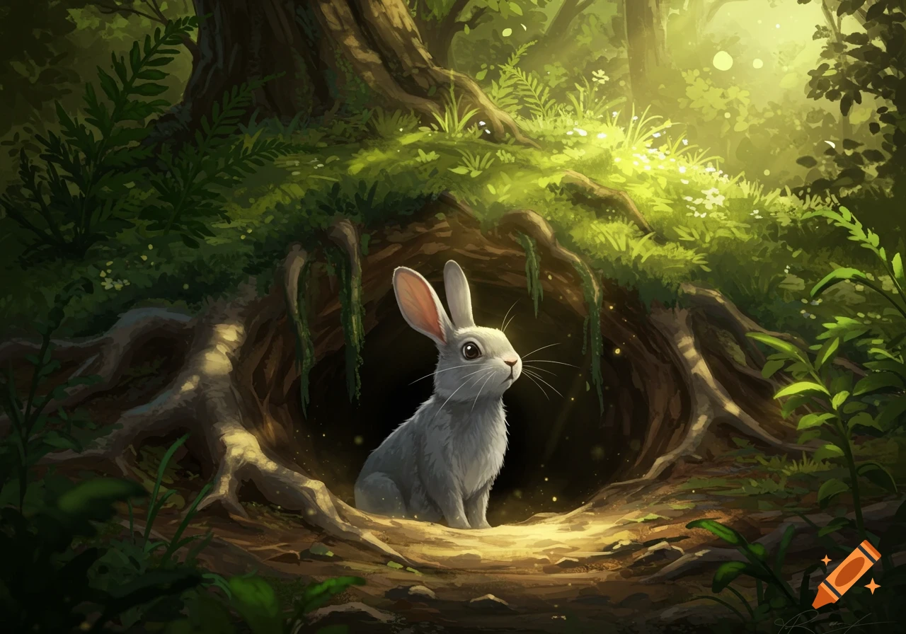 A fluffy white rabbit sits at the entrance of a dark burrow in a lush, sunlit forest, digital painting.