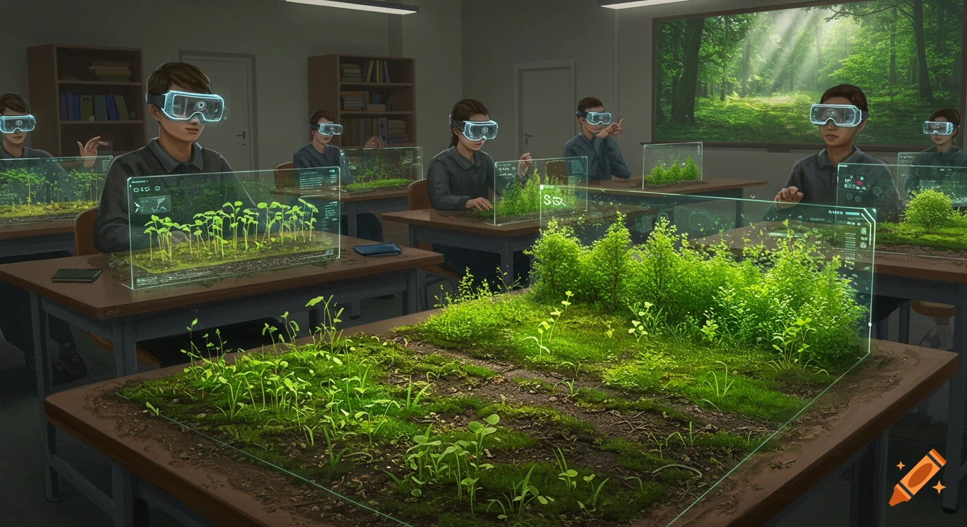 Students in a classroom wear VR glasses, interacting with virtual plants and ecosystems on holographic displays on their desks.