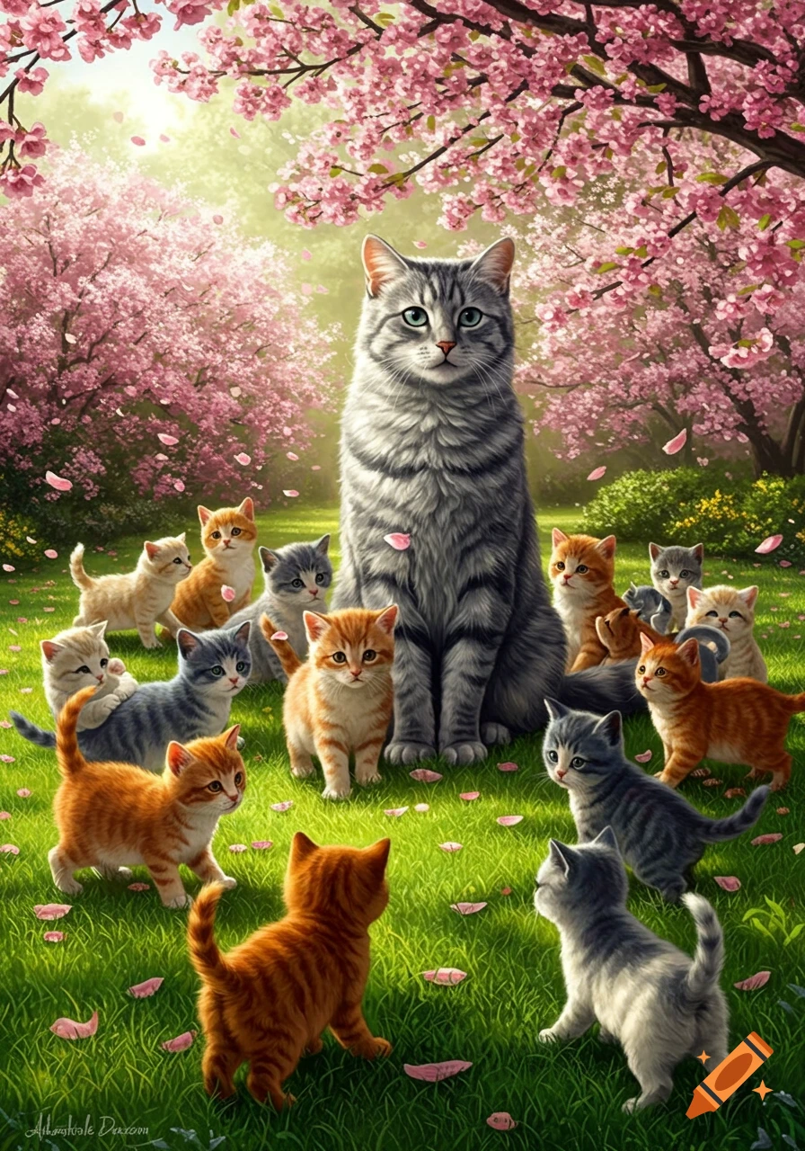 A large gray tabby cat with many colorful kittens in a vibrant spring scene with pink cherry blossoms.