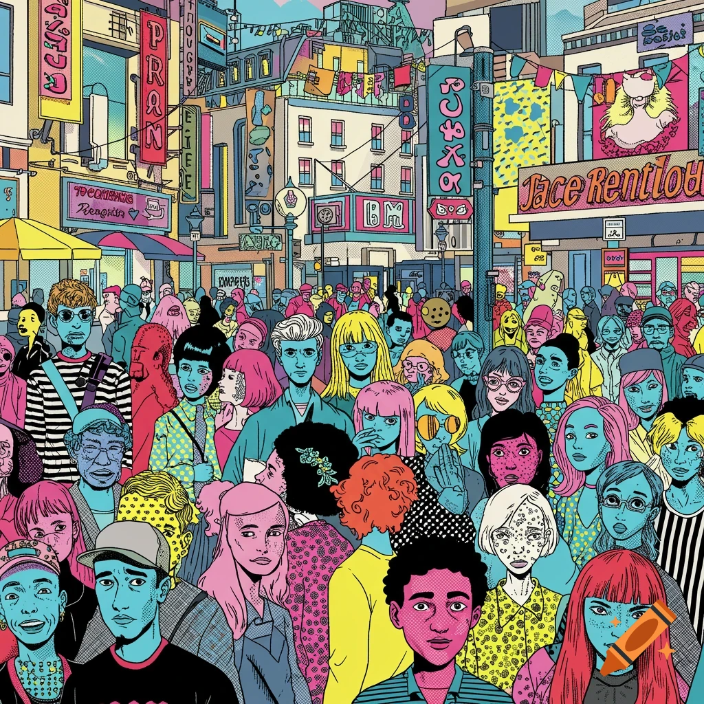 A vibrant graphic illustration of a large crowd of diverse people on a busy city street with colorful buildings and signs.
