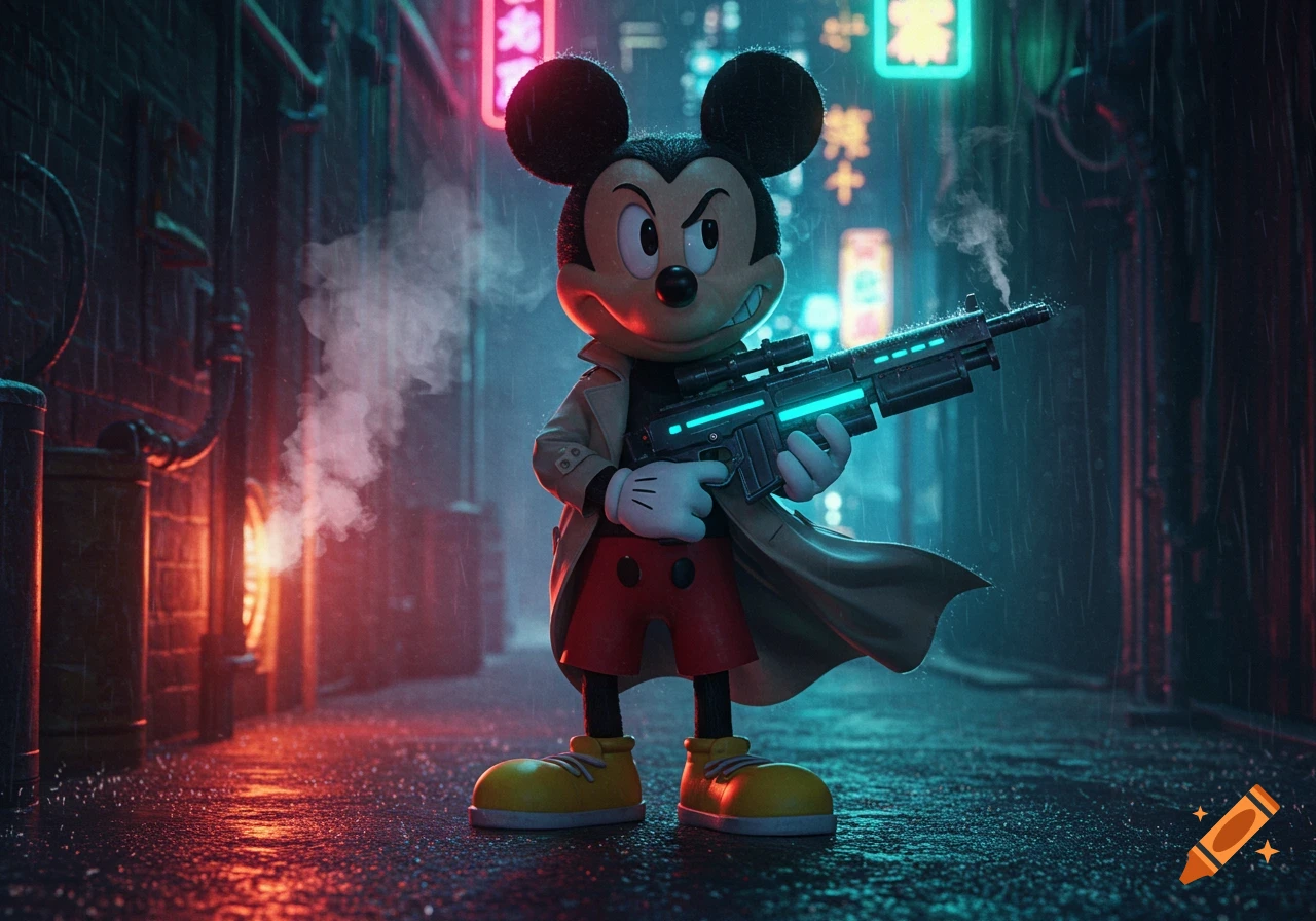 Mickey Mouse in a trench coat holds a futuristic glowing rifle in a dark, rainy cyberpunk alley with neon signs.