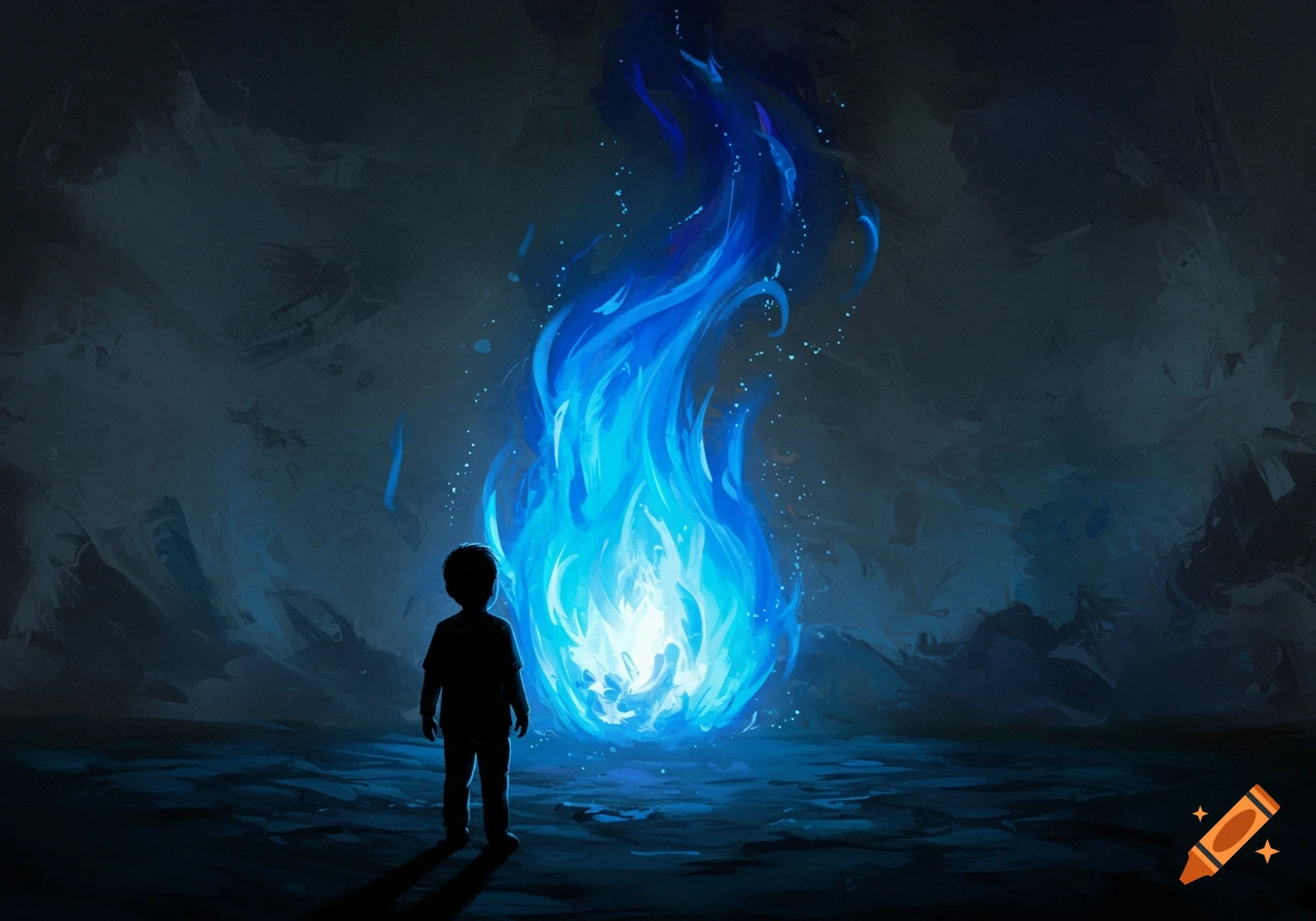 Silhouette of a boy standing before a tall, glowing blue flame in a dark, abstract, digital art scene.