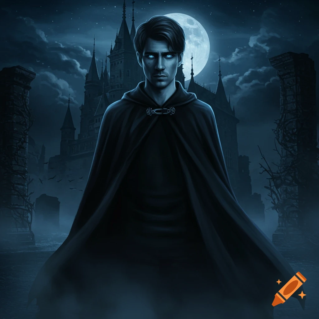 A mysterious man with glowing blue eyes in a dark cloak stands before a moonlit gothic castle at night.