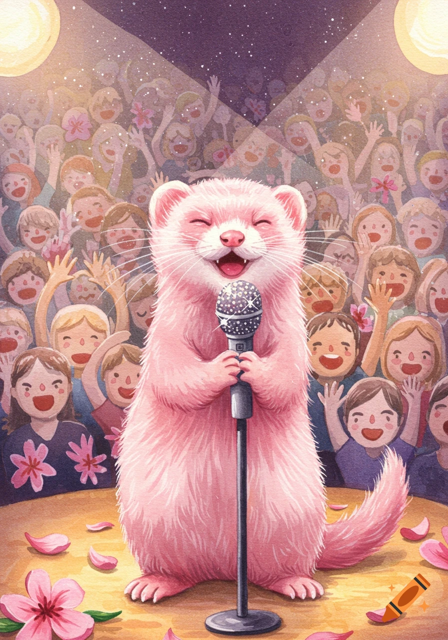 A happy pink ferret sings into a glitter microphone on stage, surrounded by a cheering crowd, in a watercolor style with pink flowers.