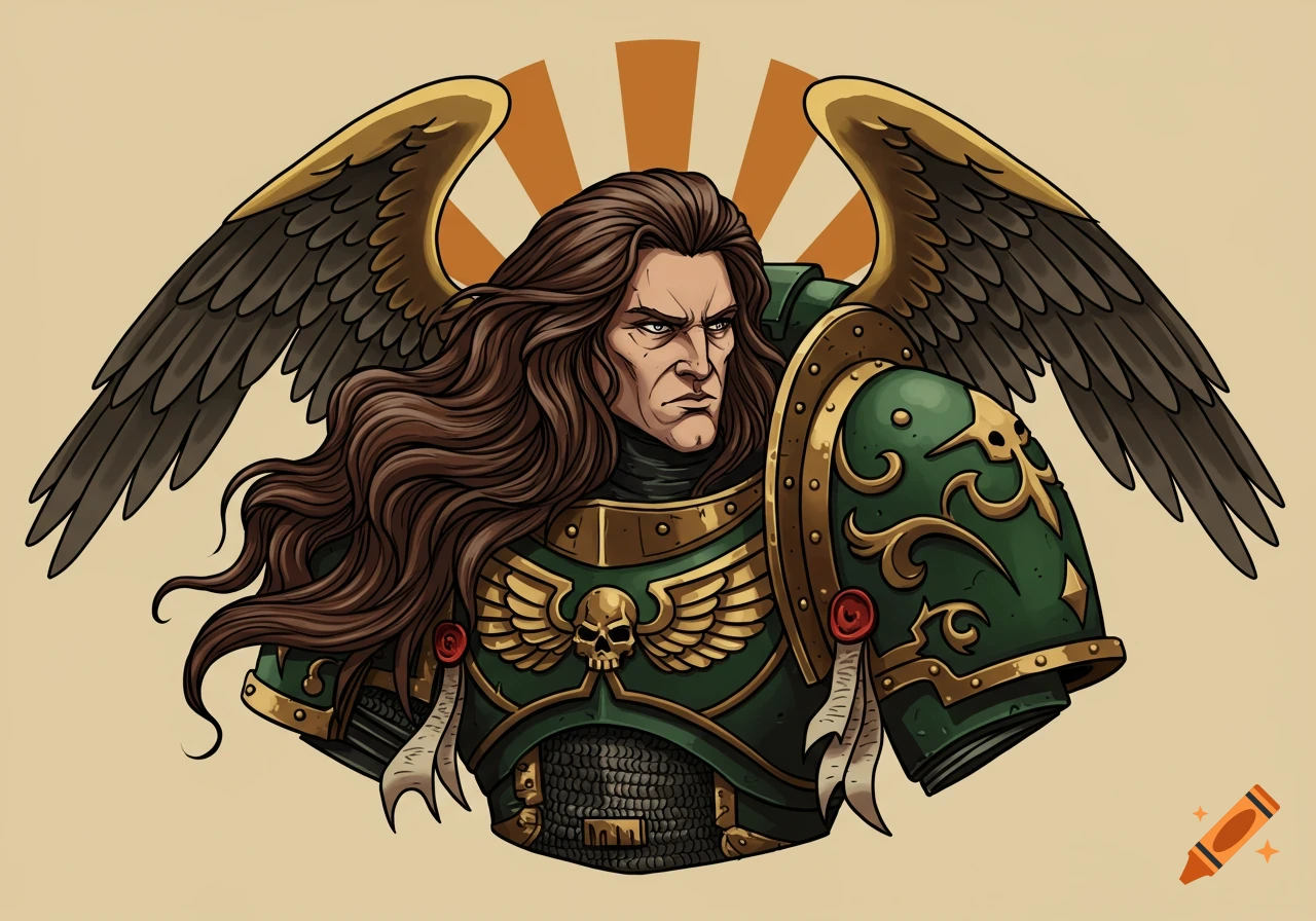 Stylized illustration of a stern winged warrior with long brown hair, wearing green and gold armor, in an American traditional tattoo style.
