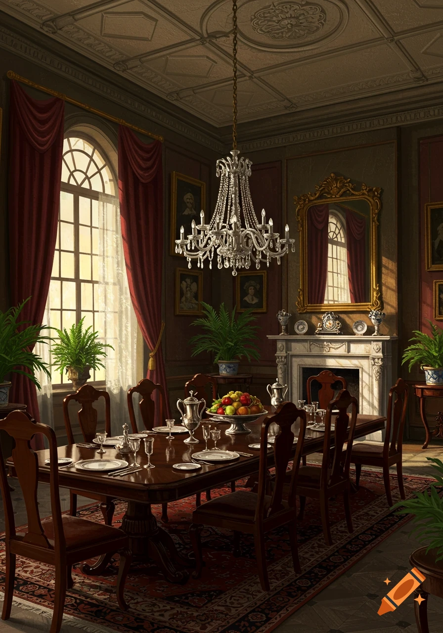 A grand Victorian dining room with a long wooden table set for dinner, a large crystal chandelier, fireplace, and arched windows with red drapes.
