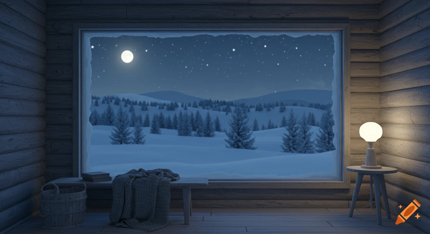 Log cabin interior with a window view of a snowy forest under a full moon and starry night sky.