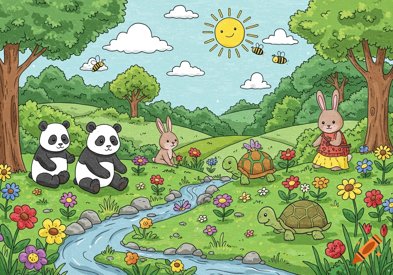 A colorful cartoon illustration of pandas, rabbits, and turtles in a sunny forest clearing with a stream and flowers.