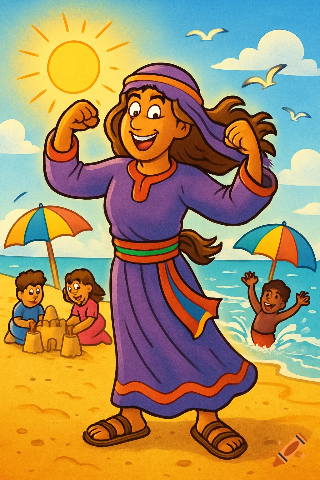 Cartoon illustration of a woman flexing at a sunny beach while children play in the sand and ocean.