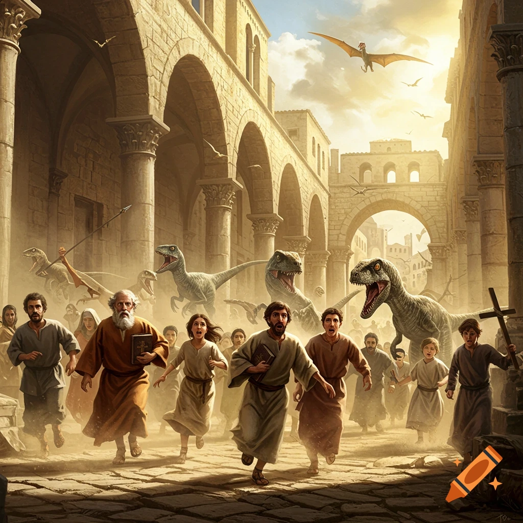 A crowd of ancient people in robes flee in terror from velociraptors through the dusty streets of a ruined ancient city, with a pterodactyl overhead.