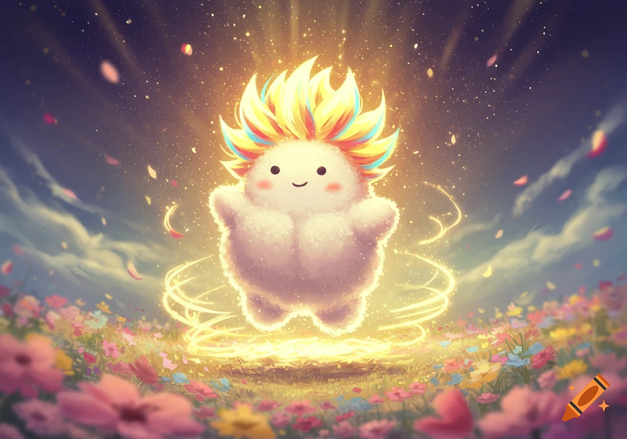 A cute, fluffy white creature with spiky rainbow hair glows brightly as it floats above a vibrant field of flowers.
