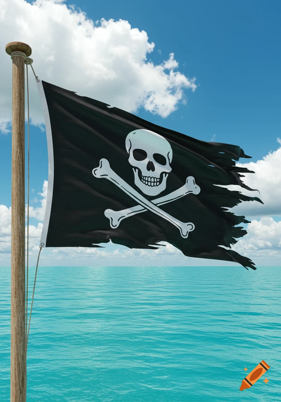 A green pirate flag with a black skull and crossbones flies against a dark  blue sky. on Craiyon, image size:896x1280