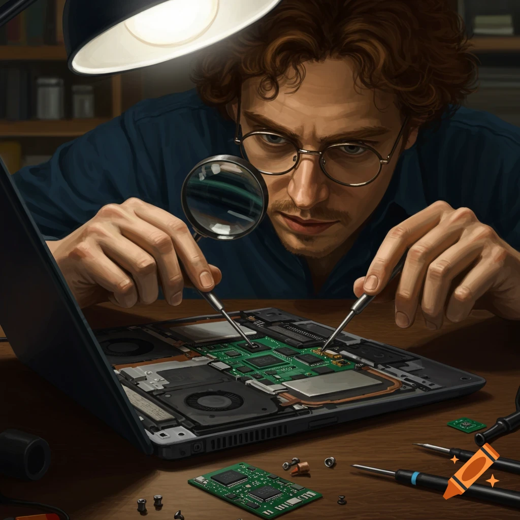A focused technician with glasses uses a magnifying glass and tools to repair the internal components of an open laptop, digital art.