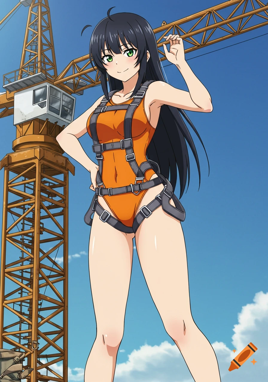 Anime girl with black hair, green eyes, orange leotard, and grey safety harness poses confidently in front of a yellow crane under blue sky.