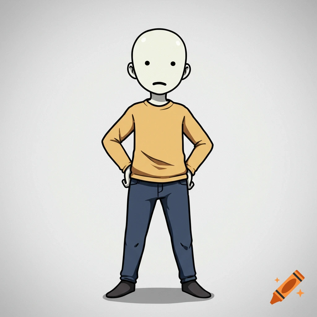 A minimalist cartoon figure with a blank face, hands on hips, and a frowning mouth, standing against a light background.