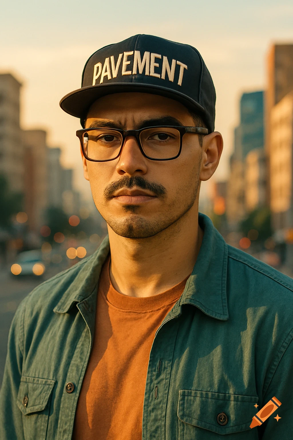 A man with glasses and a mustache wearing a 'Pavement' cap and teal shirt, in a sunny city street.