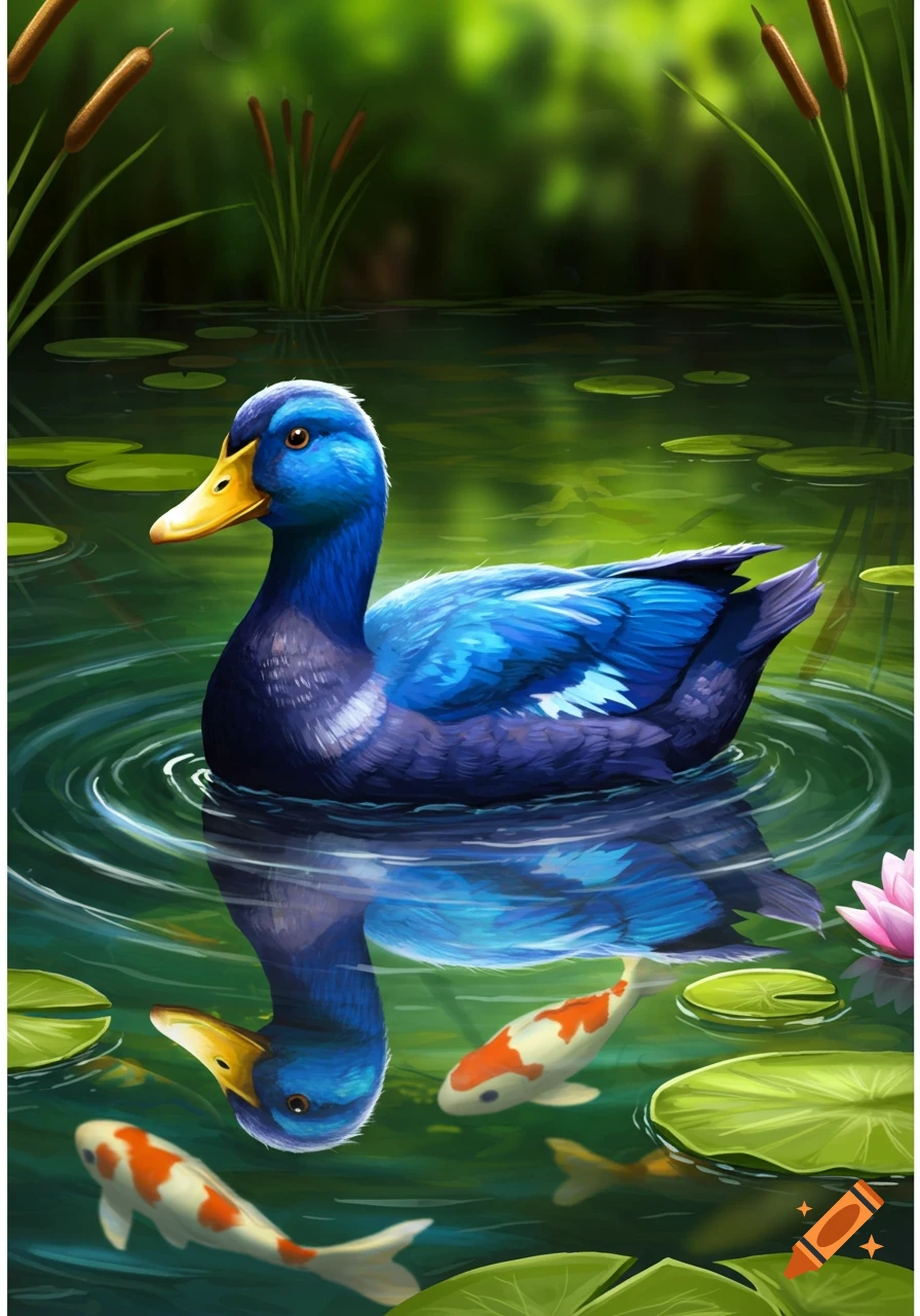 A vibrant blue duck swims in a lush green pond, surrounded by lily pads, cat-tails, and orange and white koi fish.
