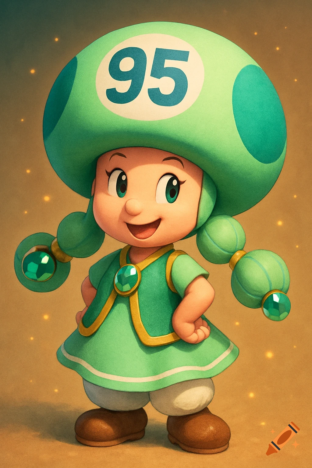A cartoon character resembling Toadette, with a light green mushroom cap featuring "95", a green dress, and pigtails with green gems.