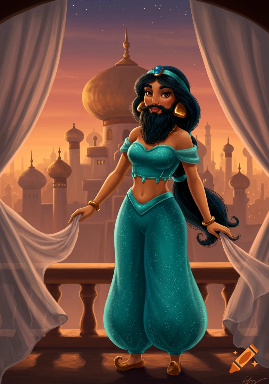Cartoon Princess Jasmine with a beard stands on a balcony overlooking an Arabian city at sunset.