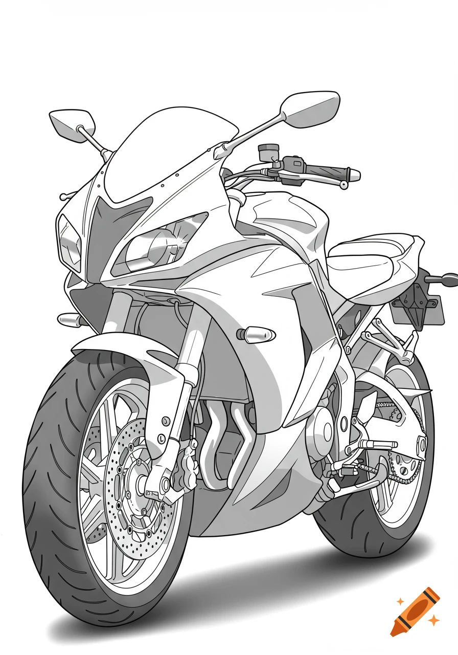 Black and white line art drawing of a sport motorcycle viewed from a slight front-left angle, ready for coloring.
