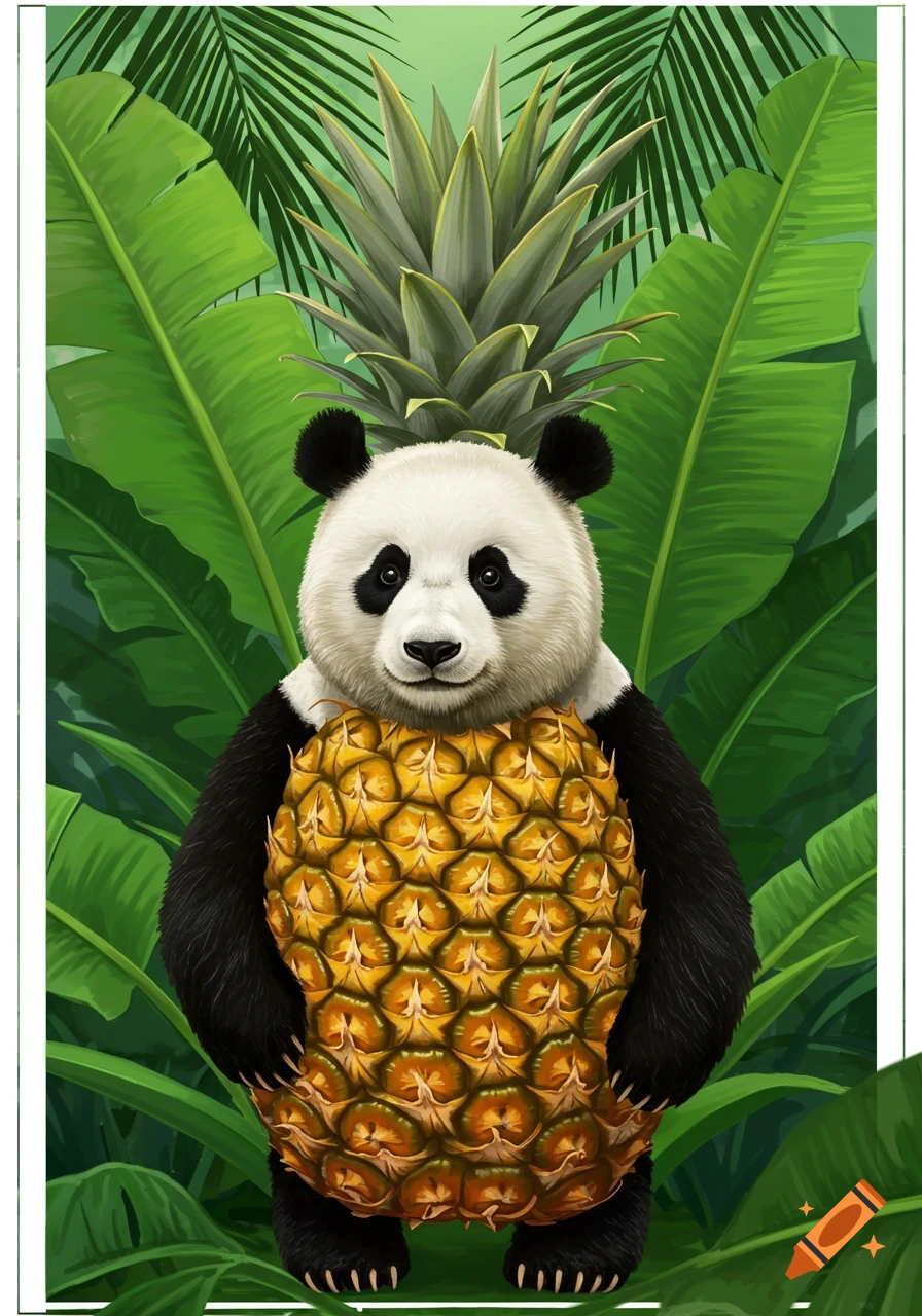 A smiling panda's head on a pineapple body, surrounded by large green tropical leaves in a vibrant, illustrative style.
