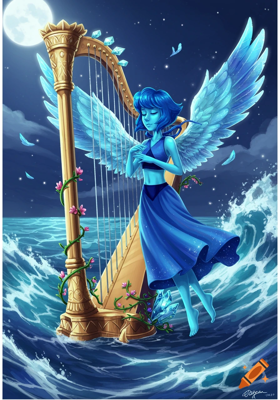Lapis Lazuli, with large blue wings, floats above ocean waves playing a golden harp under a full moon in an anime style.