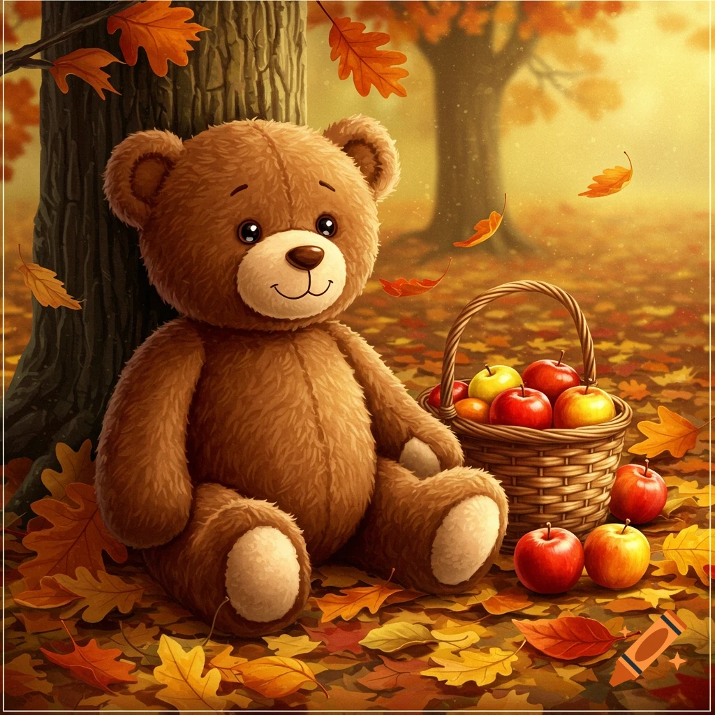 A cute brown teddy bear sits under a tree in an autumn forest with falling leaves and a basket of red and yellow apples.