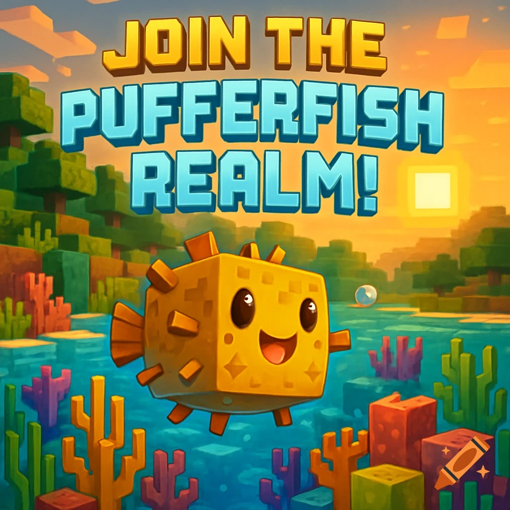 Cartoonish Minecraft-style advertisement showing a yellow blocky pufferfish in an aquatic realm with coral, text reads JOIN THE PUFFERFISH REALM!