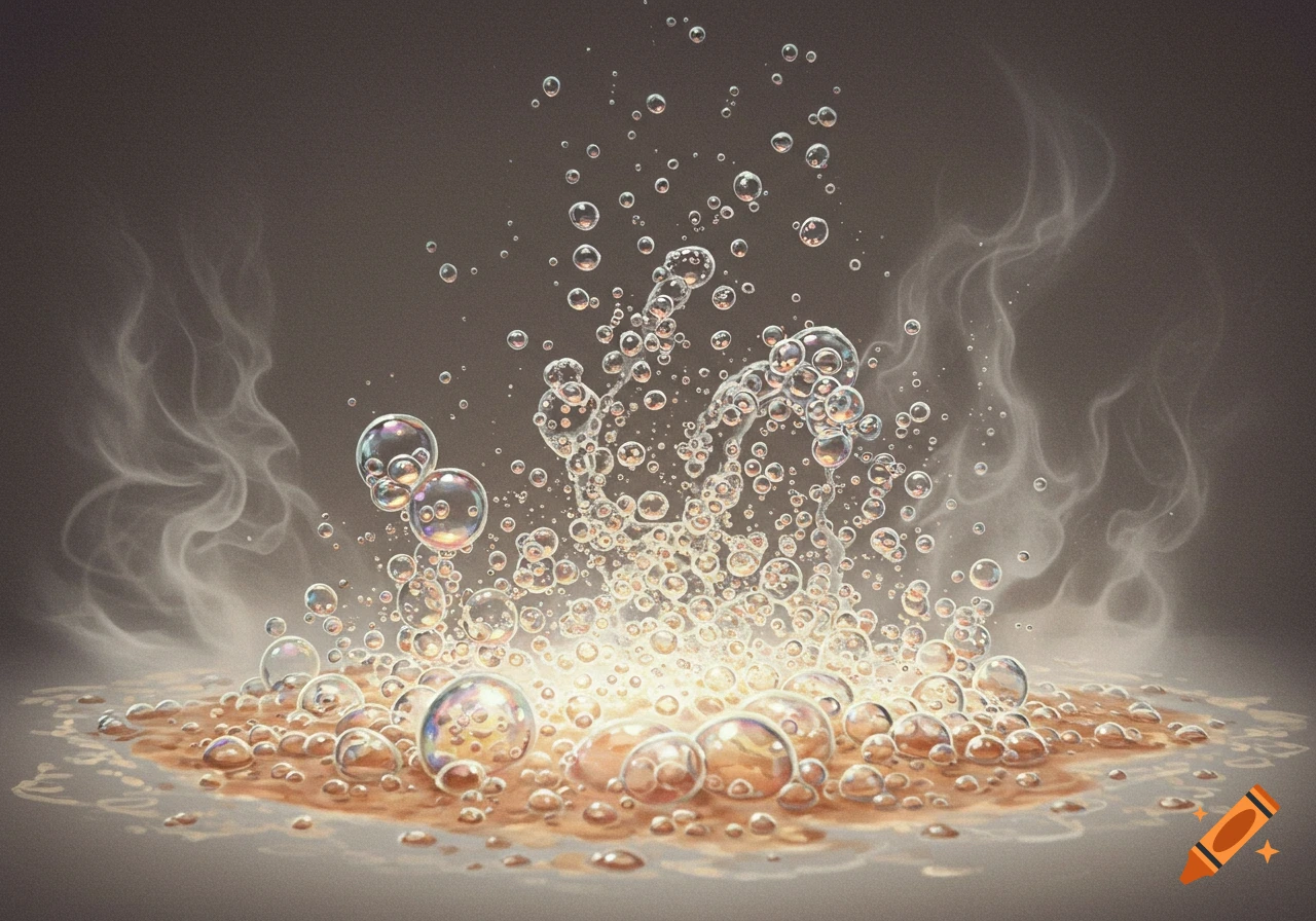 A close-up image showing a vigorous reaction with countless bubbles and misty vapor rising from a frothy brown puddle.