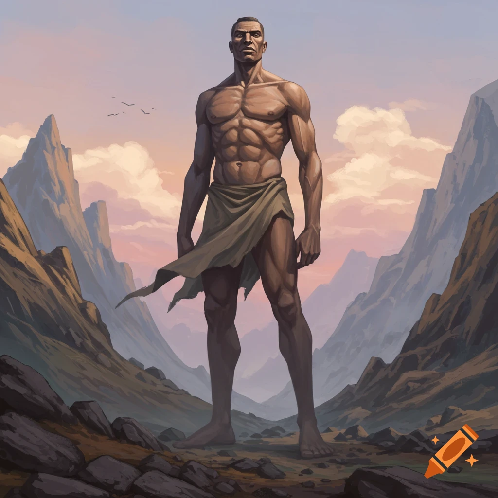 A massive, muscular man in a loincloth stands in a rocky mountain valley under a colorful sky, in a painterly illustration style.