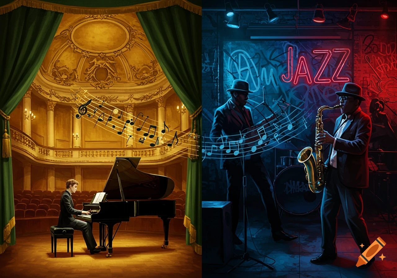 A split image showing a classical pianist on stage in a grand auditorium on the left, and two jazz musicians (saxophone, guitar) in a neon-lit club with graffiti on the right. Musical notes flow through both scenes, connecting them.
