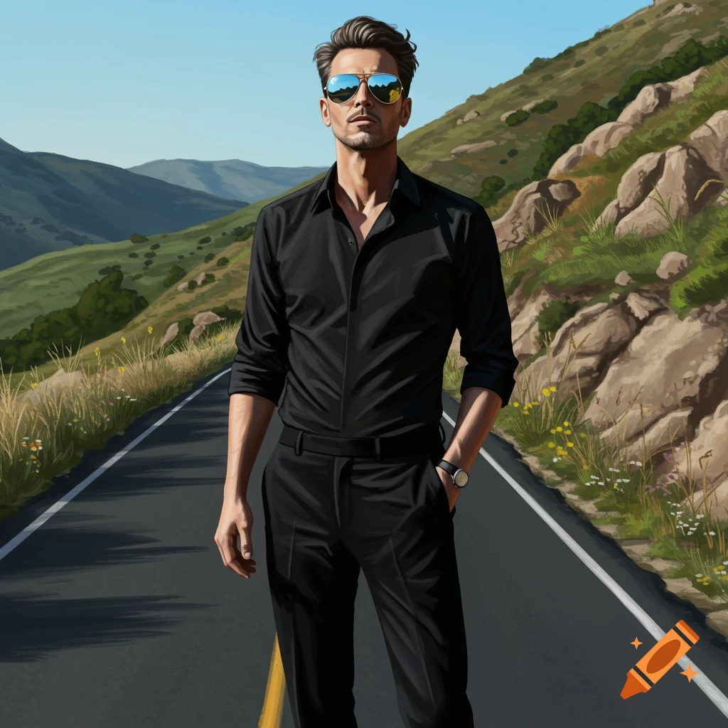 A stylish man in a black shirt and pants with mirrored sunglasses stands on a mountain road.