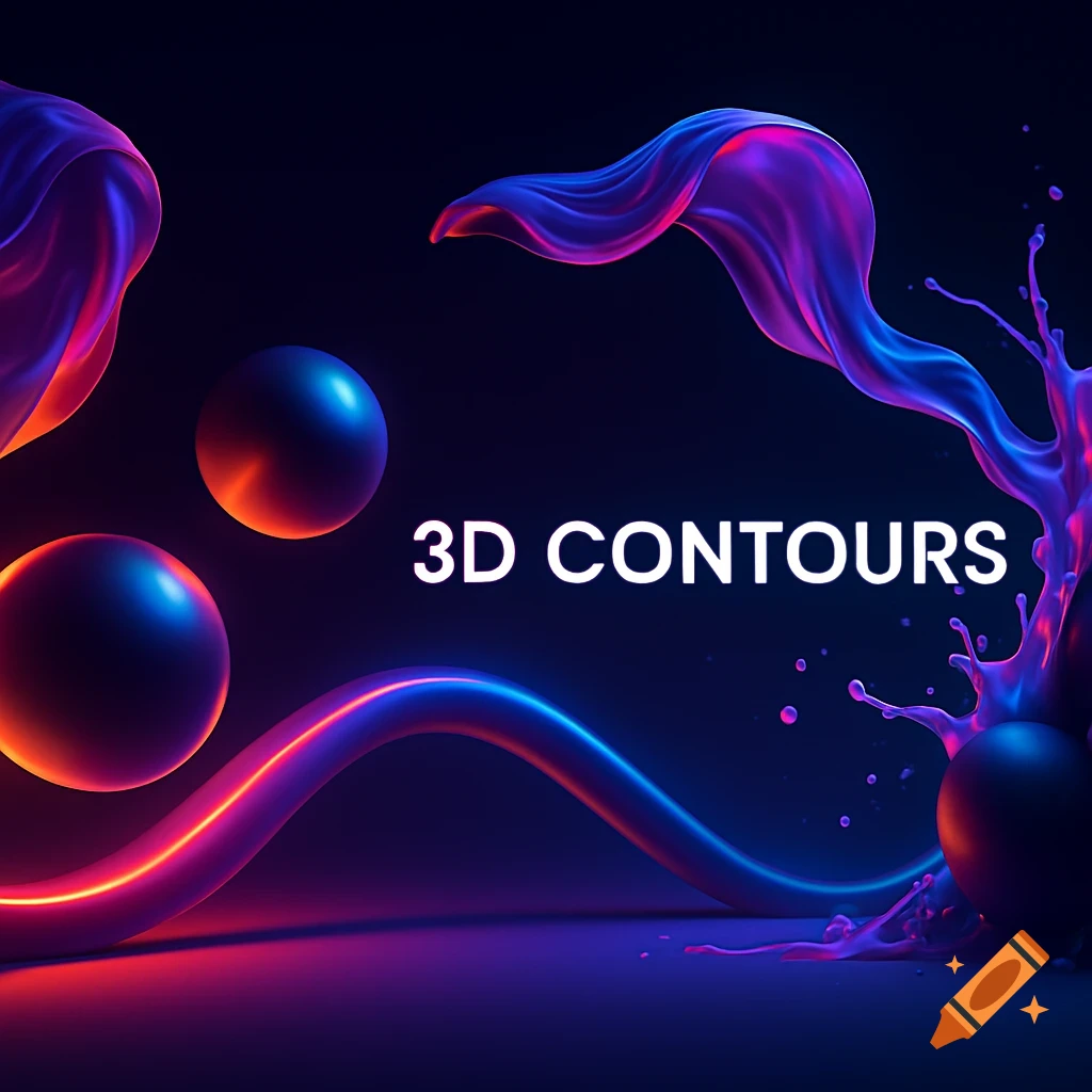 Abstract 3D rendering with neon purple, blue, and orange lights, spheres, flowing fabric, and fluid splashes on a dark background. Text reads '3D CONTOURS'.