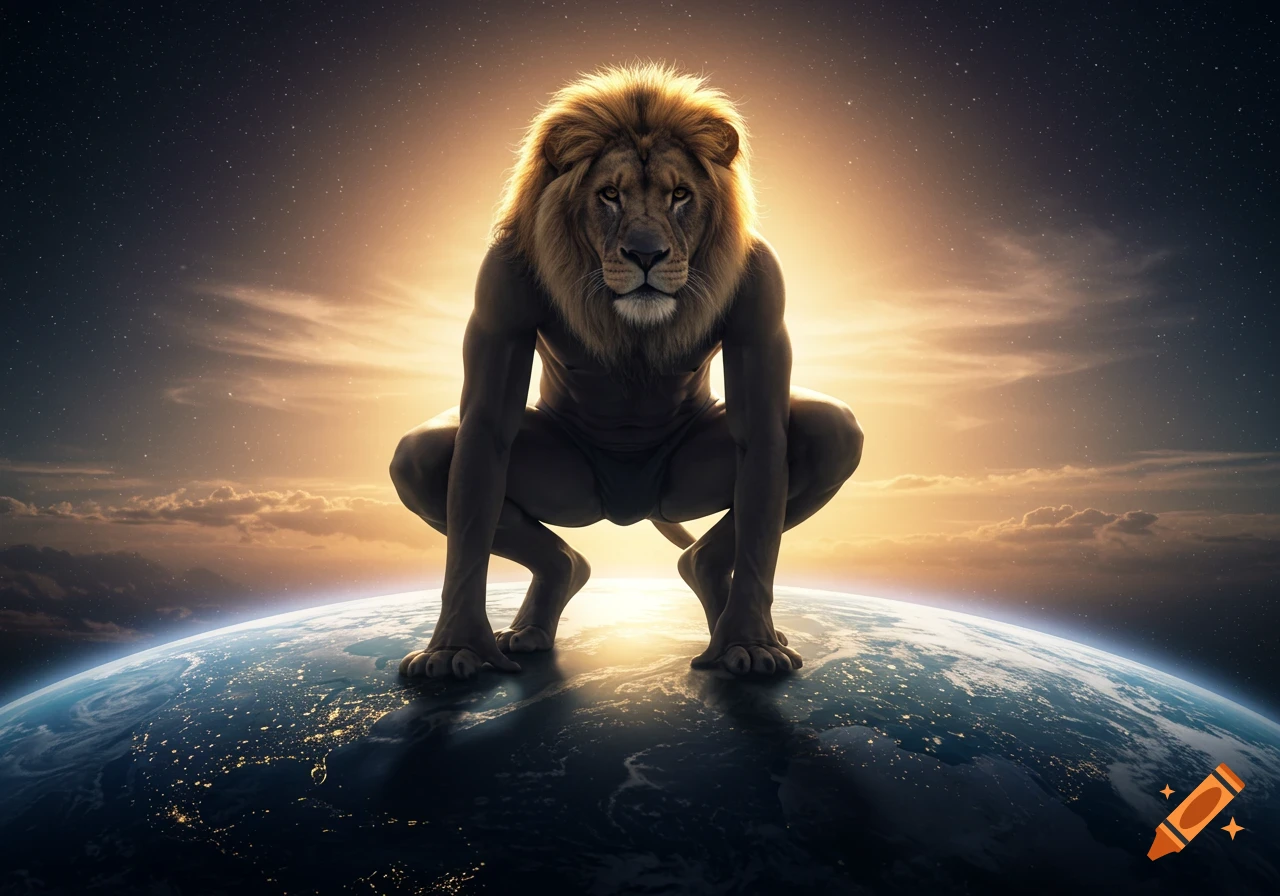 Photorealistic anthropomorphic lion in briefs kneels atop Earth against a starry, sunrise sky.