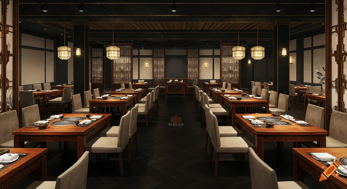 Elegant, photorealistic Korean-style restaurant interior with wooden tables, chairs, traditional partitions, and golden pendant lights.