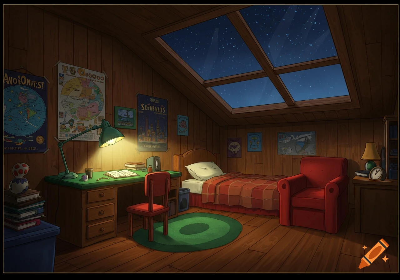 Cartoon attic bedroom at night with a desk, bed, armchair, and a skylight showing stars.