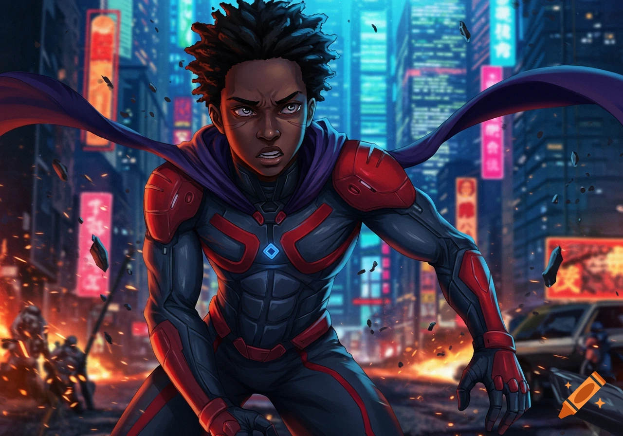 An anime-style young Black superhero in a red and black armored suit and purple cape, stands with a determined expression amid a burning futuristic city at night.