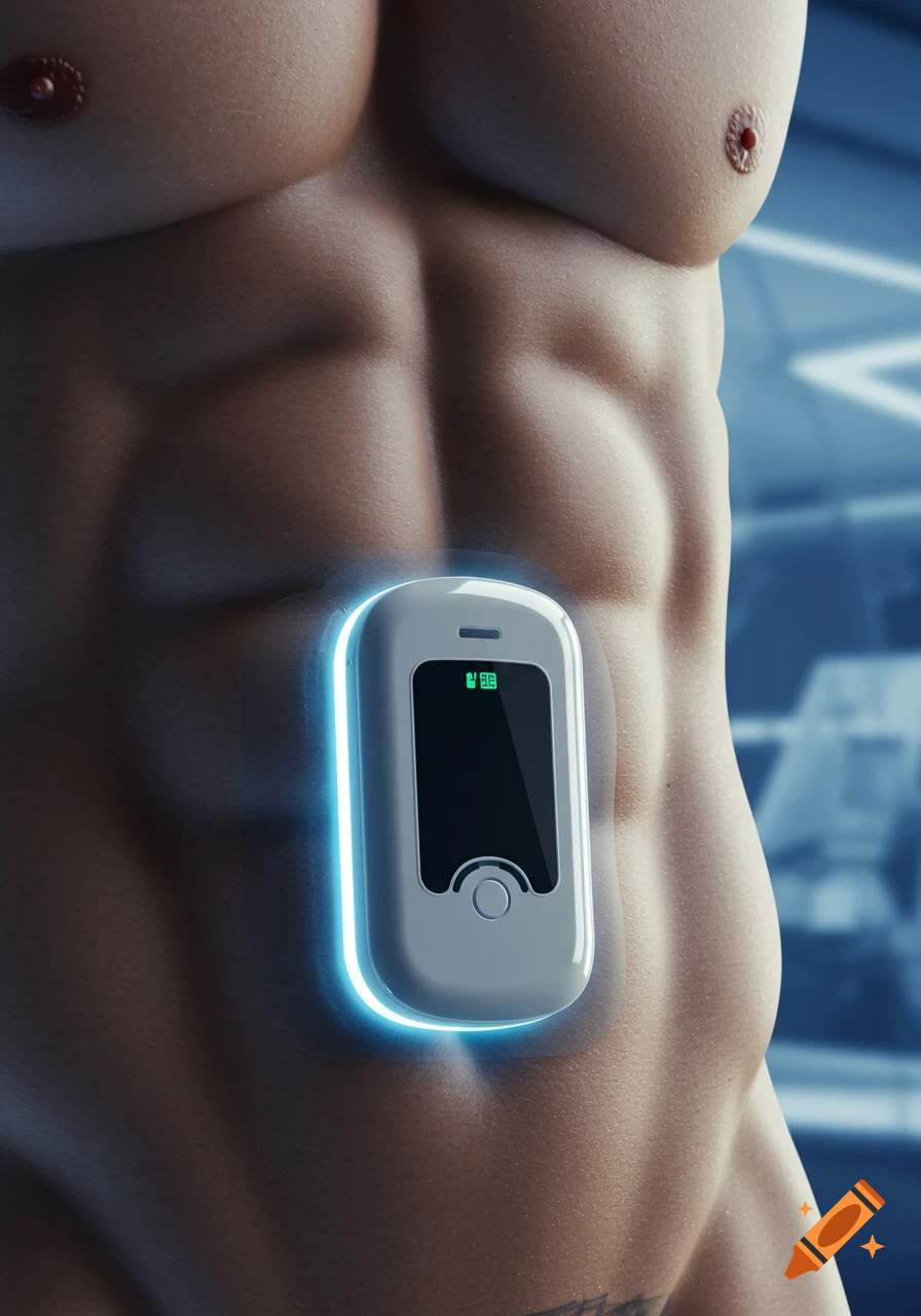 Close-up of a muscular male torso with an Omnipod-like medical device attached to the abdomen, glowing with blue light.