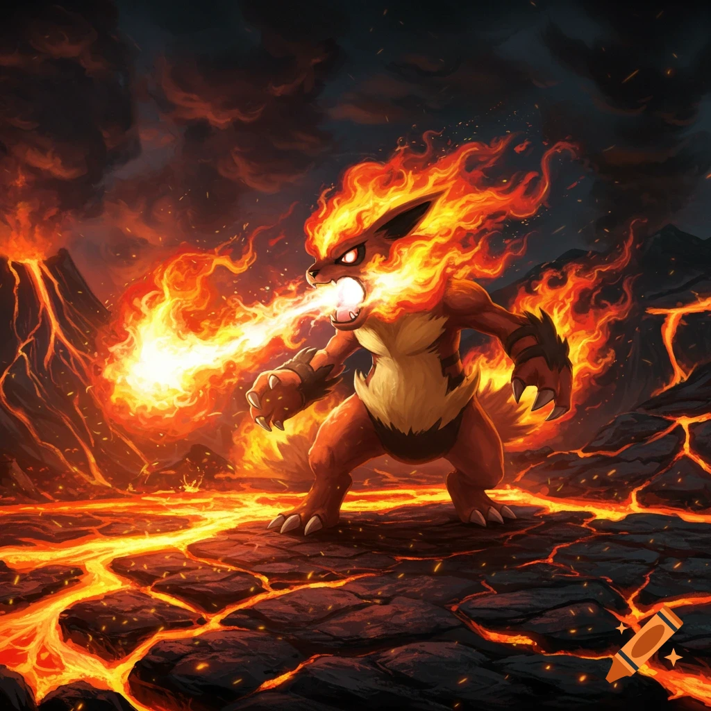 A fiery, orange-brown creature resembling a Pok emon breathes fire in a volcanic landscape with lava and erupting volcanoes under a dark sky.
