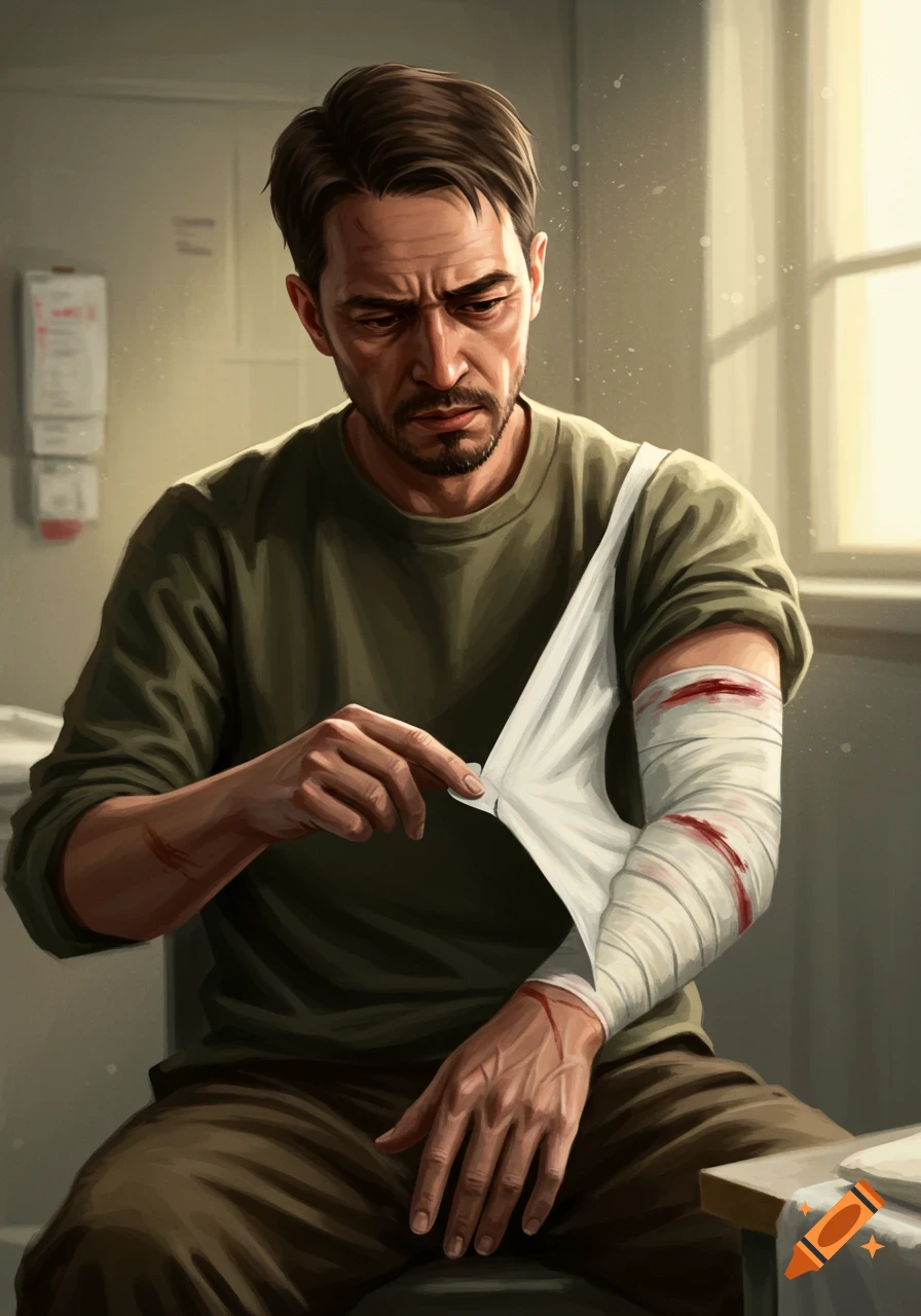 A man with a pained expression looks at his bloody, bandaged forearm, sitting in what appears to be a medical room. Illustration.