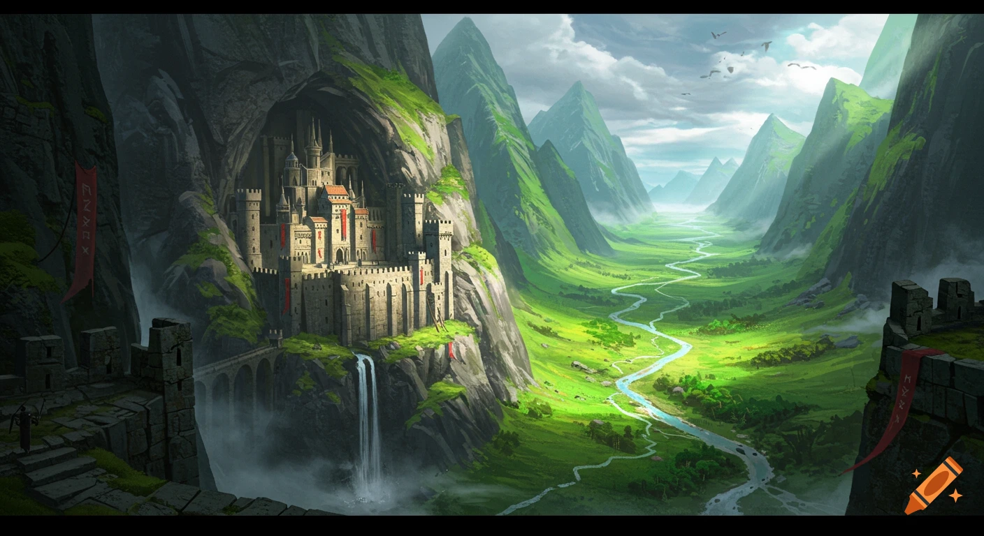 A majestic fantasy castle built into a mountain cliff, overlooking a lush green valley with a winding river under a cloudy sky.