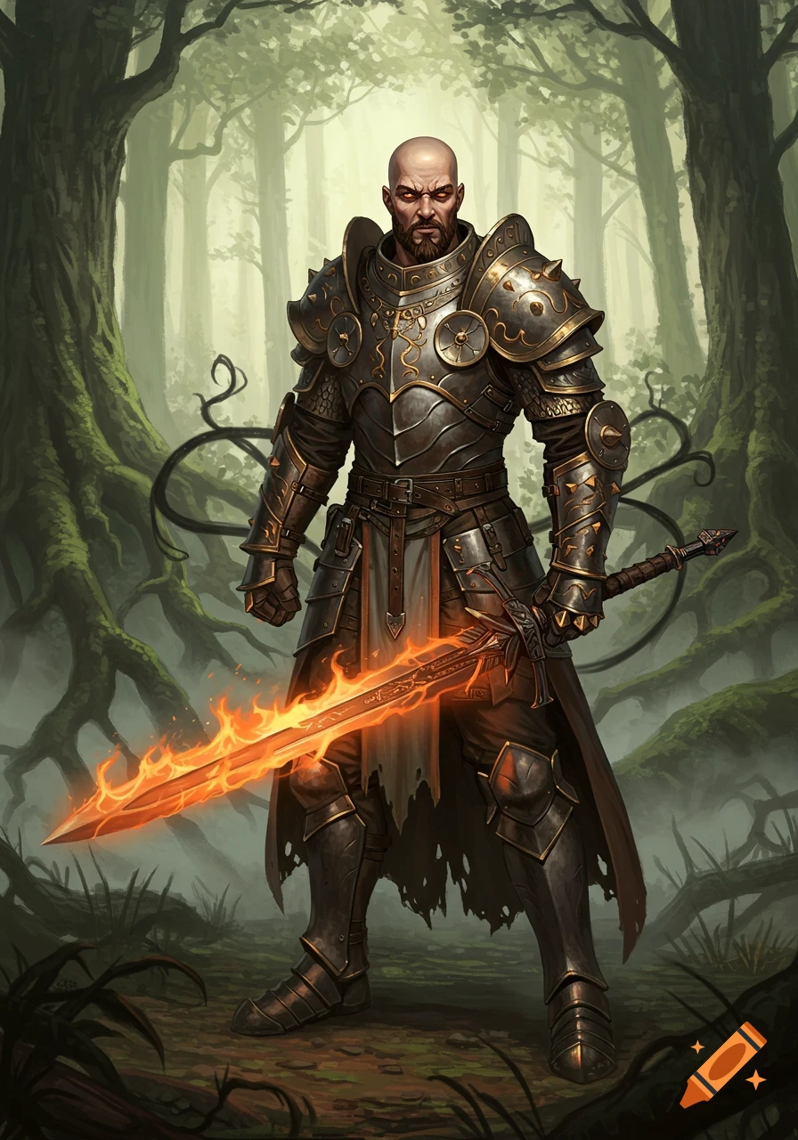 A bald, bearded male mage knight in runic armor with glowing red eyes stands in a misty forest, wielding a flaming longsword.