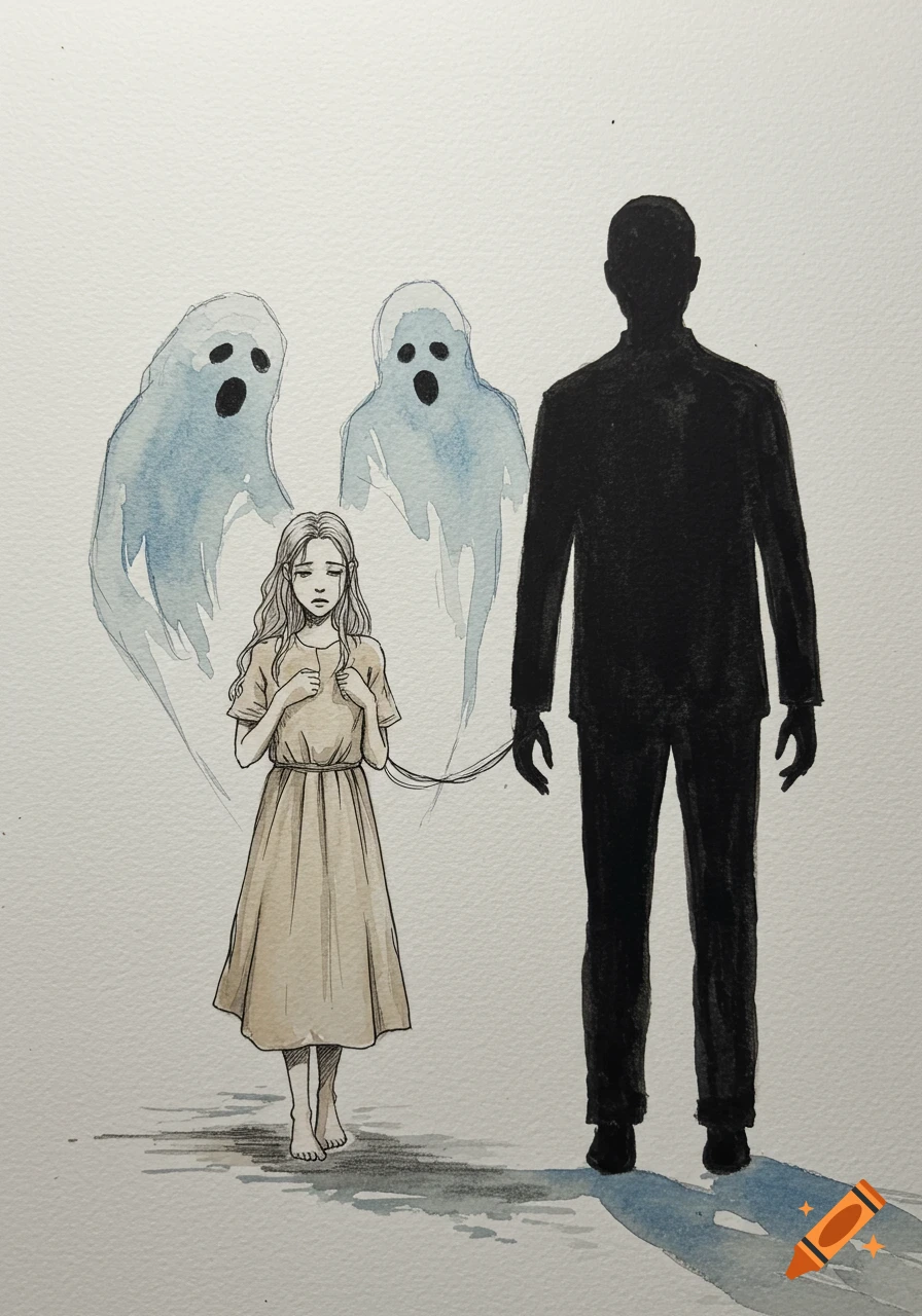 A watercolor sketch shows a sad young woman with two blue ghosts behind her, linked by strings to a large black silhouette of a man.